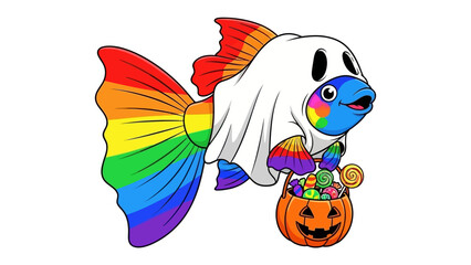 Rainbow Fish Halloween: A vibrant and playful illustration of a rainbow fish in a ghost costume holding a pumpkin basket full of candies for Halloween, embodying the spirit of fun and inclusivity.