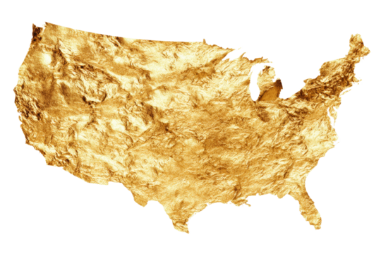 A gold colored map of the United States - Powered by Adobe