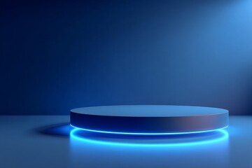 Futuristic neon-lit blue circular platform in dark room