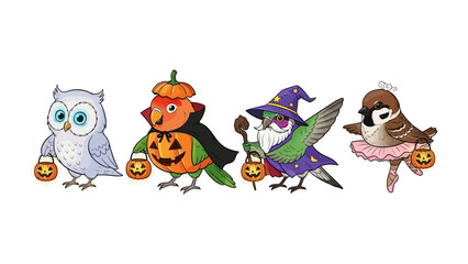 Halloween Avian Ensemble: A whimsical illustration showcases a charming gathering of birds, each adorned in delightful Halloween costumes, holding miniature jack-o'-lanterns.
