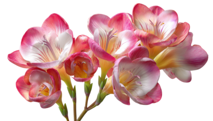 Close-up of a cluster of  pink and white freesia flowers