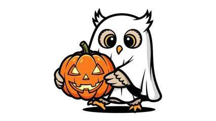 Owl holding a pumpkin: A cute owl, dressed for Halloween, embraces a carved pumpkin in a playful illustration, ready to celebrate the spooky season.