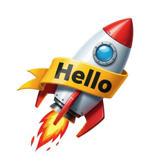 Cartoon rocket ship with hello banner blasting off isolated on transparent background