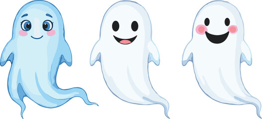 Obraz premium Cute cartoon ghost characters, friendly Halloween spirits, smiling spooky illustration, adorable ghost clipart, kawaii ghost design, playful ghost artwork, children Halloween decorationCutele 