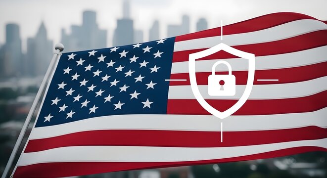 American flag with security shield and padlock symbol overlay
