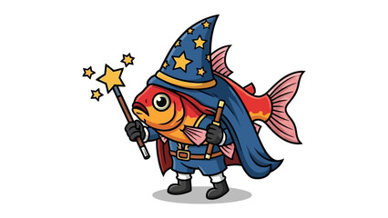 The Aquatic Wizard: A whimsical illustration presents a vibrant goldfish, playfully garbed as a wizard, complete with a hat and wand, conjuring a constellation of sparkling stars.