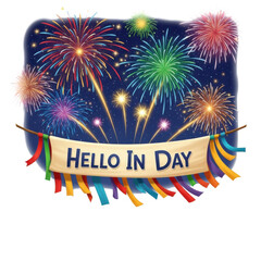 Festive fireworks display with hello in day banner isolated on transparent background