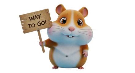 Adorable hamster cheering with a wooden 'Way to Go!' sign, celebrating success, perfect for motivational messages, congratulations and fun announcements