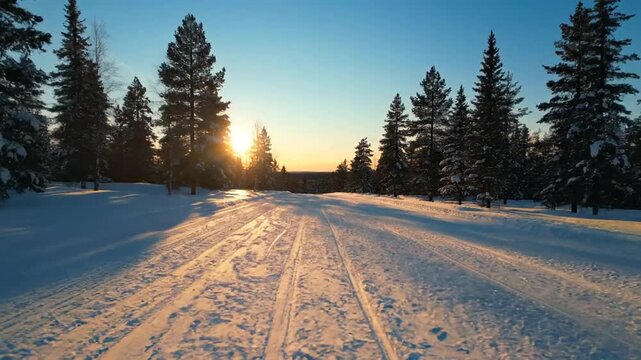 Golden Nordic Ski Trail Timelapse Pan: Compacted Snow and Stretching Shadows