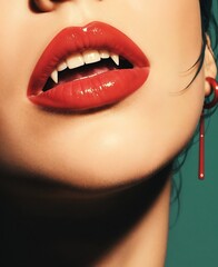 Glamorous Red Lips with Vampire Fangs Halloween Makeup Close-Up Portrait