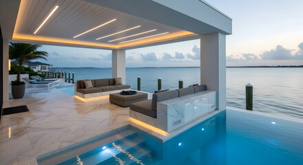 Fototapeta premium Luxury Modern Outdoor Living Space with Infinity Pool and Ocean View at Dusk