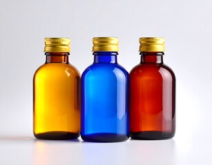 A trio of vibrant yellow, blue, and amber glass bottles with metallic gold caps on a clean white studio background.