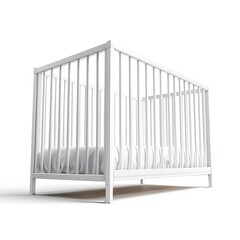 White wooden baby crib with white mattress on white background