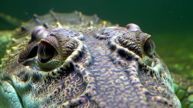 Closeup crocodile head underwater detailed view of animal scales and eyes aquatic environment