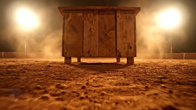Dramatic Dolly Shot Kabaddi Podium in Dust Haze Arena Lit by Halogen Lights
