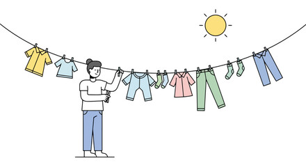 Line art illustration of a person hanging clothes to dry on a clothesline, symbolizing domestic chores, sustainable living, and eco-friendly practices.