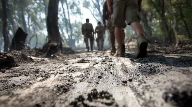 Mud-covered forest road with boot prints in the foreground as soldiers march away into the distance.