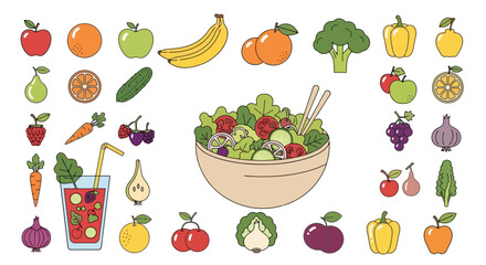 Obraz premium Vibrant Fruit and Vegetable Graphic Set for Promoting Healthy Eating and Nutritional Awareness in Educational Materials and Wellness Campaigns.