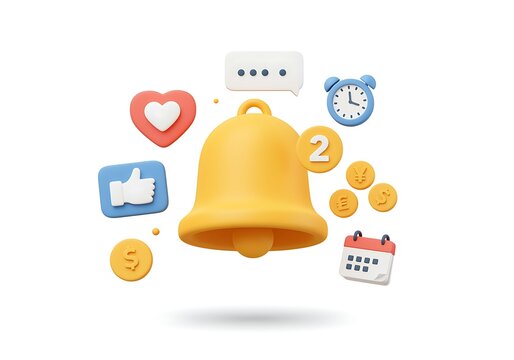 3D Notification Bell with Social Media Icons and Symbols Rendered on a White Background