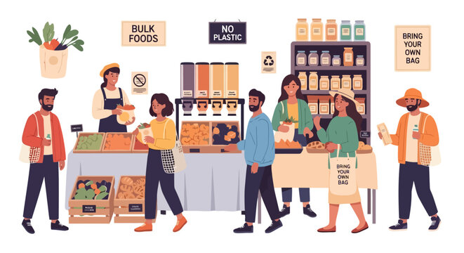 Eco-Friendly Zero Waste Store Illustration Promoting Sustainable Shopping and Bulk Food Options for Conscious Consumers and Environmental Awareness.