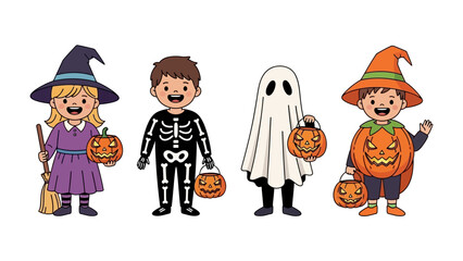 Whimsical Halloween Characters: A charming illustration showcasing a group of children in delightful Halloween costumes, radiating the spirit of fun and trick-or-treating. 