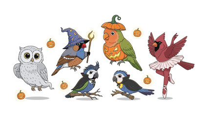 Whimsical Costume Birds: A charming illustration of various birds adorned in fanciful Halloween costumes, including a witch, a pumpkin, a ballerina.