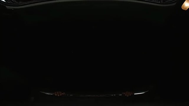 A scared woman's point-of-view shot from inside a dark car trunk as the lid slowly closes, evoking