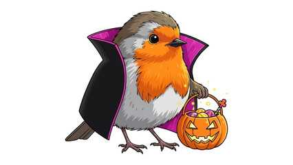 Halloween Robin with Treats: A charming robin, adorned in a vampire cape, merrily carries a jack-o'-lantern treat basket against a white background, epitomizing the festive spirit. 