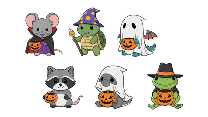 Whimsical Halloween Crew: A charming assortment of cartoonish critters dressed in festive costumes, each clutching a glowing pumpkin, evoke the enchantment of All Hallows' Eve. 