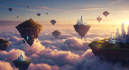 Futuristic Floating Islands City Above the Clouds at Sunset
