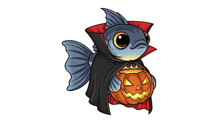 Spooky Fish with Pumpkin: A charming, cartoon fish dressed as a vampire, holding a jack-o'-lantern, embodies the spirit of Halloween.