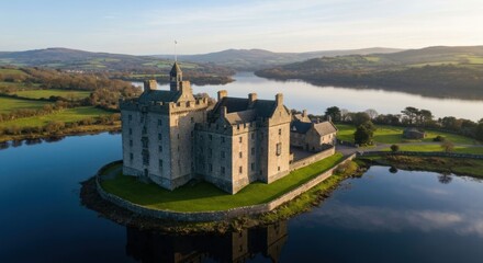 Medieval castle on island, lake, hills