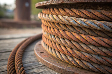 Close-up of a thick, tightly coiled rusty steel wire cable resting on weathered wood in an outdoor setting
