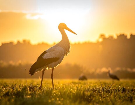 Sunrise scene with a stork - Powered by Adobe