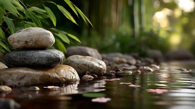 Tranquil water flow over stones serene stream nature scene lush environment close-up view zen concept for relaxation