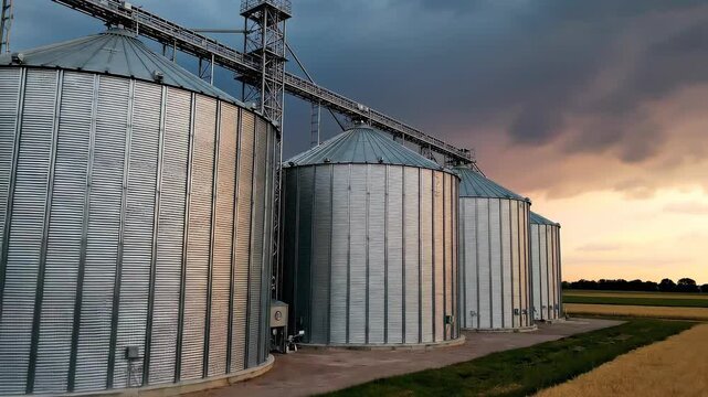 Grain Silos at Sunset: A Dramatic Agricultural Scene