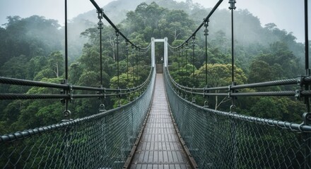 Obraz premium Misty jungle suspension bridge