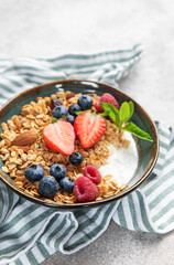 Granola bowl with yogurt, berries, and mint
