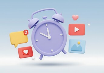 Alarm clock with social media icons reminder for online engagement and content creation time management for digital marketing strategy