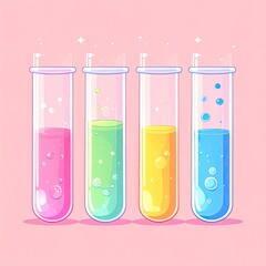 Cute cartoon test tubes with colorful liquids on pink