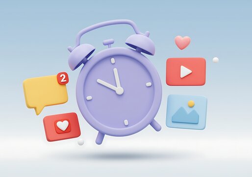 Alarm clock with social media icons reminder for online engagement and content creation time management for digital marketing strategy