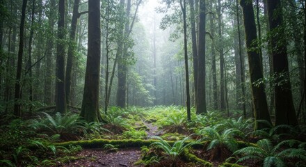 Misty forest path, lush ferns, tall trees