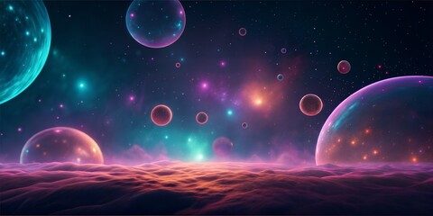 3d icon of a vibrant and surreal cosmic landscape with glowing planets, nebulae, and stars in a dreamy, colorful galaxy