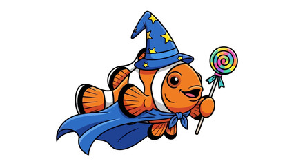 Fish Wizard's Colorful Magic: An enchanting illustration of a clownfish transformed into a wizard, adorned with a whimsical hat and cape, holding a colorful swirl lollipop.