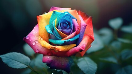 Vibrant Rainbow Rose with Water Droplets in Soft Natural Light