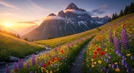 3d icon of vibrant alpine meadow at sunrise, with a winding path through colorful wildflowers leading to majestic, cloudkissed mountains
