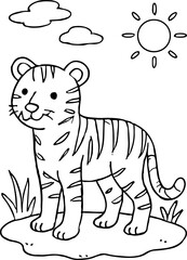 Cute Tiger Roaming Under The Sun A Whimsical Y2K Wool Yarn Style Illustration For Children Coloring