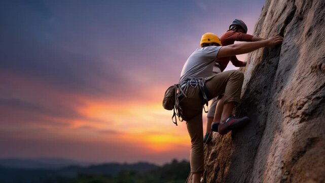 Climbers conquer rocky summit sunset climbing adventure outdoor landscape action scene dynamic view