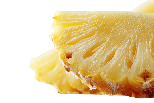 Close-up of two slices of ripe pineapple, showing the textured flesh and visible fibers