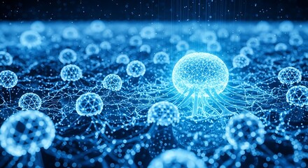 Abstract blue glowing network of interconnected spheres, visualizing artificial intelligence, digital data, or neural brain activity.